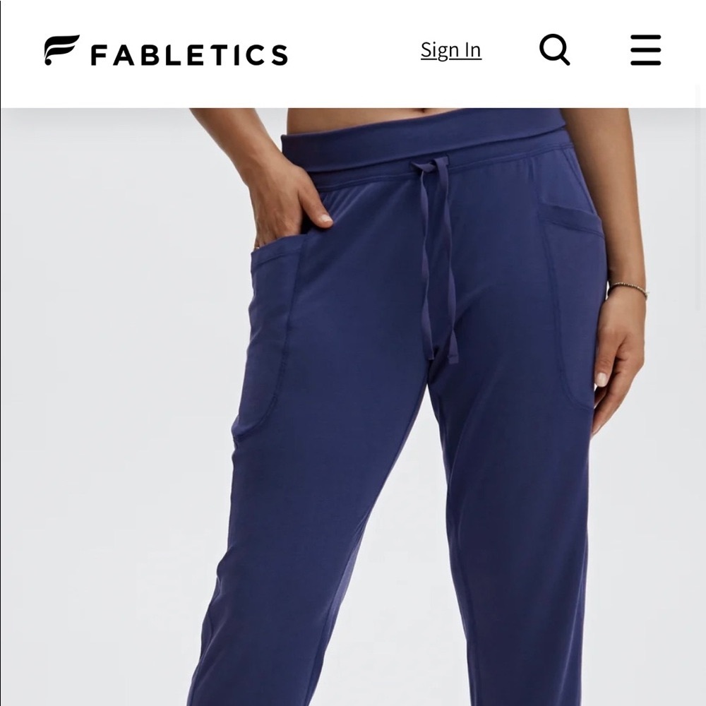 pants  - Fabletics 
Sleek Knit Drawstring Pant
Color: Navy
Size: M
Quantity: 1